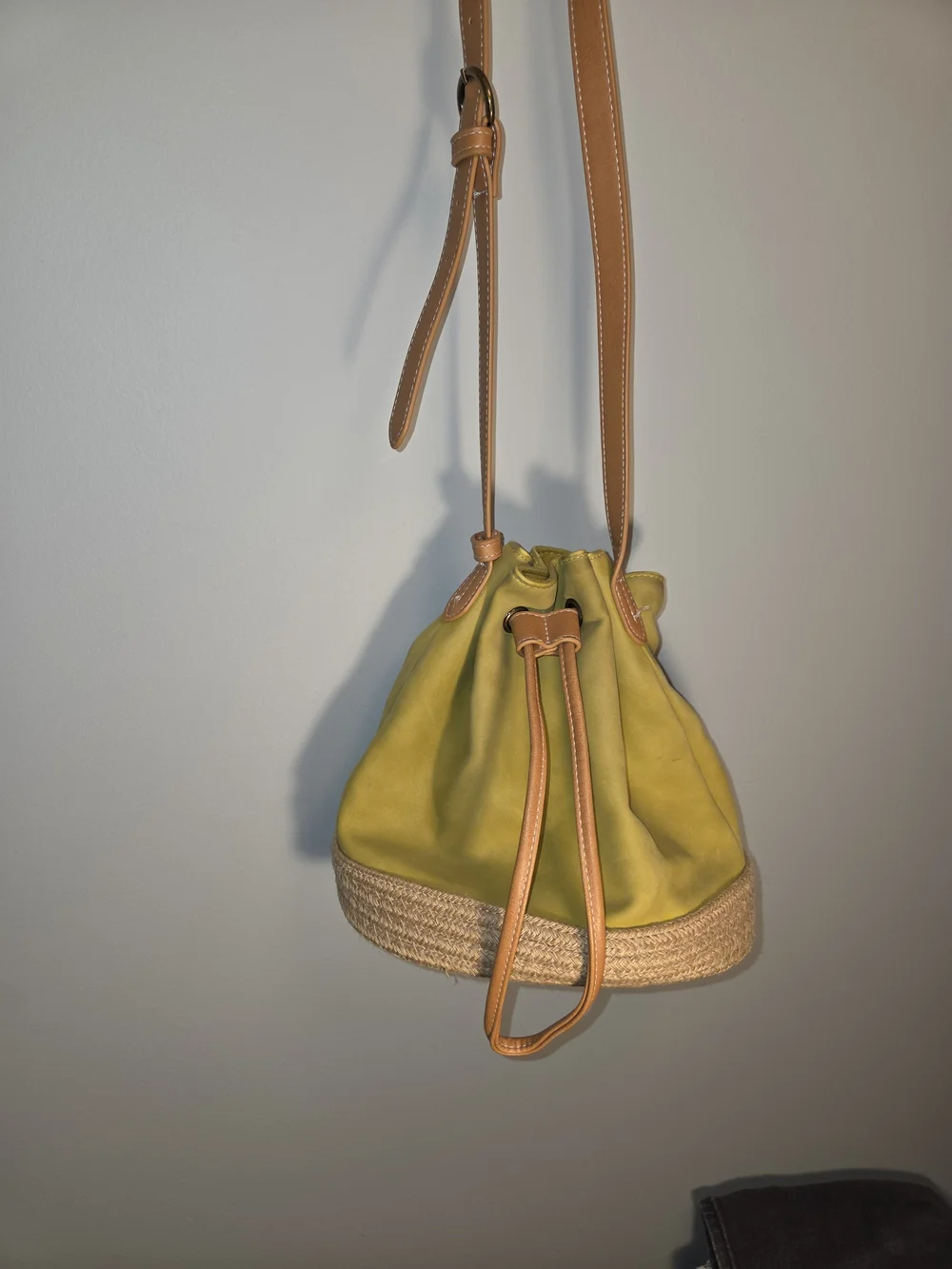 Universal Thread Olive Green Suede Drawstring Bucket Bag with Tan Strap